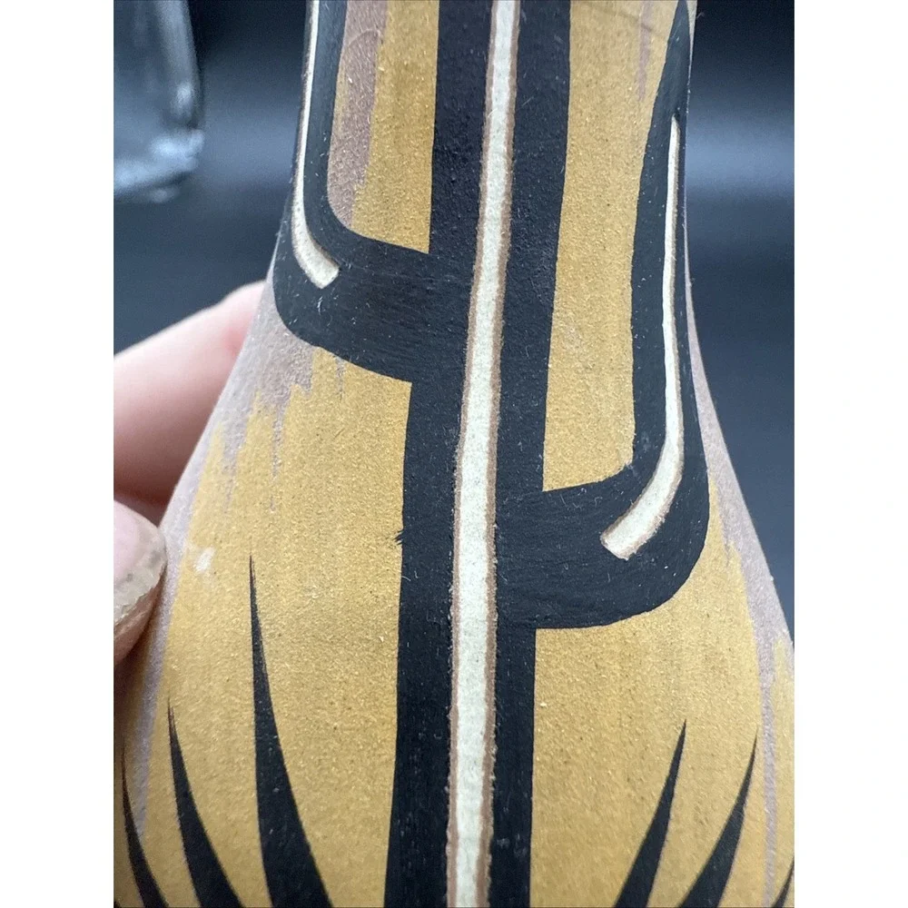 Mini Mexican‎ Style Cactus Carved Pottery Vase Hand Painted 4.5 In Signed AZ.